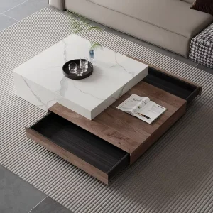 Nesting White Marble Coffee Table Set Solid Wood Double Drawer Storage Center Table for Living Room Hotel Furniture for Home