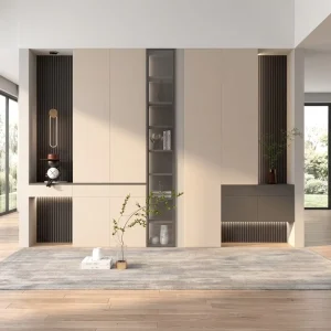 Neutral Tone Textured Shoe Cabinet Custom Designed Hidden Storage Compartment Shoe Cabinet