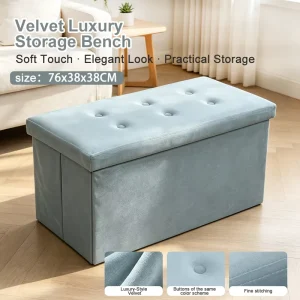 New Arrival Blue Velvet Foldable Storage Ottoman Bench Stool Large Capacity Folding Ottoman Storage Box Storage Chest Box