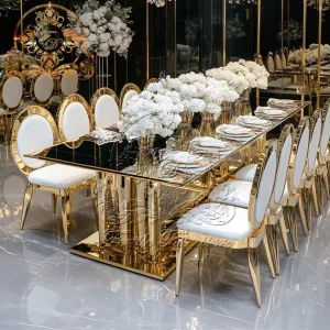 New Arrival Modern Stainless Steel Tempered Glass Outdoor Hotel Dining Banquet Gold Wedding Table for Events