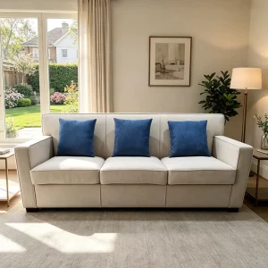 New Beige Fabric Interior Project Cafe Villa Waiting Living Room Hotel Lobby Wood Frame Upholstered 3 Seater Sofa for Apartment
