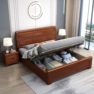 New Chinese Style Solid Wood Double Queen Size Storage Bed Design Wooden King Size Beds with Drawers Lift Gas Bed