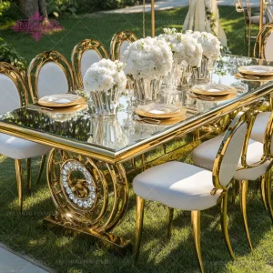 New Design 10 People Dining Table Hotel Furniture Table Gold Table for Weddings Rental Furniture