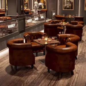 New Design Antique Bar Nightclub Cocktail Bistro Pub Customized Leather Sofa Cigar Whisky Beer Couch Commercial Furniture Set