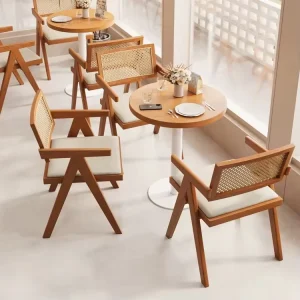 New Design Canteen Restaurant Furniture Coffee Shop Milk Tea Using PU Leather Chair Wooden Table Set for Dining Hotel