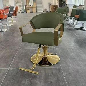 New Design Circular Base Green Barber Chair Basic Dimensions Beauty Salon Chair Gold Plated Hair Styling Chairs