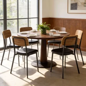 New Design Industrial Coffee Bistro Wood Seat Metal Frame Dining Table Set Stackable Chairs for Restaurant Living Room Mall