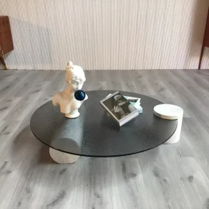 New Design Living Room Furniture Dark Gray Round Glass Top Coffee Table with Marble Frame
