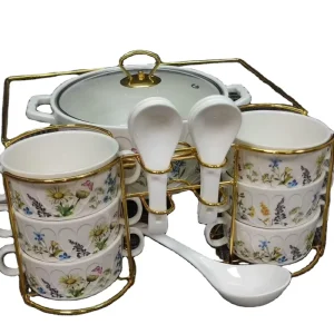 New Design Luxury Porcelain Tableware Double Ears Ceramic Casserole Soup Warmer Pot and Bowl Set with Stand
