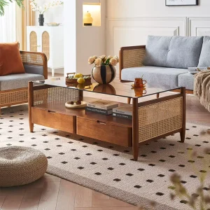 New Design Rattan Woven Design Multi Drawer Storage Glass Solid Wood Coffee Table