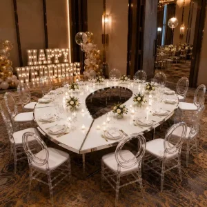 New Design Silver Stainless Steel Oval Shape White Glass Top 15 People Seat Party Hotel Banquet Wedding Event Rental Table