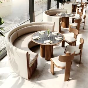 New Design Solid Wood Restaurant Furniture Set Cross Sofa Full Service Restaurant Booth Seating with Restaurant Table and Chair
