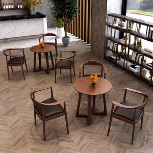 New Design Solid Wooden Luxury Hotel Furniture Cafe Restaurant Fabric Cafe Dining Armchair Tables and Chairs Set