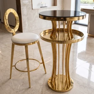 New Design Wedding Stainless Steel High Bar Table Round Glass Top Modern Event Party Bar Furniture