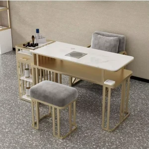 New Luxury Modern Nail Art Equipment Two seater Nail Salon Table Stainless Steel Marble Top Salon Furniture Studio