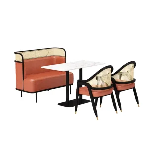 New Trend Restaurant Sectional Sofa Booth Set Comfortable Leather Cushion Wood and Rattan Dining Chair for the Restaurant