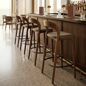 Nordic Ash Modern Minimalist High Bar Stool Peach Colored Leather Upholstery Durable Eco Friendly Design Home Furniture Bar