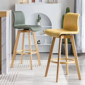 Nordic Bar Furniture Modern Solid Wood Frame High Bar Stool Withe Linen Bar Stools Chair with Curved Backrest for Kitchen