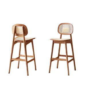 Nordic Bar Furniture Modern Solid Wood Frame Rattan High Bar Stool Chair with Curved Backrest