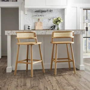 Nordic Bar Furniture Solid Wood Rattan High Bar Chairs Armless Counter Height Bar Stools High Chair for Home Kitchen