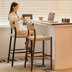 Nordic Chair Customizable Wooden Bar Stools for Kitchen Room Modern Wooden High Bar Chairs With Rope Seat Bar Furniture