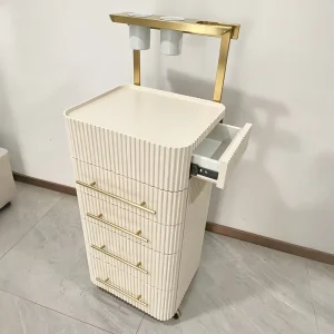Nordic Cream Wood Beauty Salon Rolling Trolley Gold Metal Frame Portable Hair Stylist Organizer Storage Cart for Nail Hair Salon