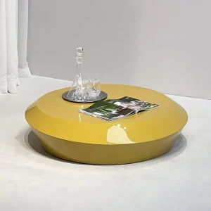 Nordic Creative Saucer Shape Round Coffee Table Yellow Glossy Lacquer Marble Top Accent Table for Apartment Living Room