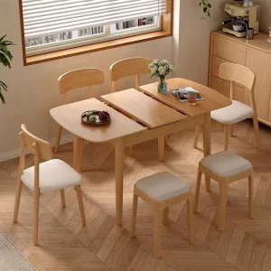 Nordic Design Modern Solid Wood Dining Table Set Home Furniture with Telescopic Folding Wood Chair for Dining Room Restaurant