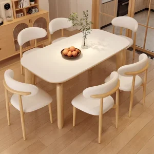 Nordic French Creme Oval Natural Solid Wooden Dining Room Table 6 Seater Restaurant Dinner Table and Chair Set Kitchen Furniture