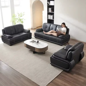 Nordic Genuine Leather Sofa Italian Full Grain Cowhide Modern Minimalist Straight Bar Shape Wood Legs High Density Living Room