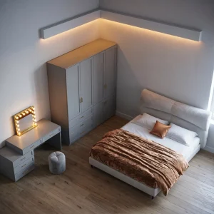 Nordic Grey Bedroom Furniture Set Upholstered Platform Bed Storage Closet LED Light Vanity for Apartment Bedroom Set