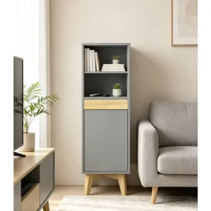 Nordic Grey Linen Cabinet Tall Storage Unit with Legs Open Compartment