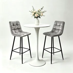 Nordic Grid Tufted Velvet Bar Stool High Bar Chair with Black Metal Leg for Kitchen Island Cafe Bar