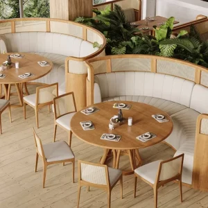 Nordic Japanese Style Restaurant Solid Wood Rattan Sofa Booth Seating Buffet Canteen Dining Table and Chair Commercial Furniture