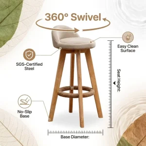 Nordic Leather Bar Chair Bamboo 360 Swivel No-Slip Base Easy Clean Surface Counter Stool with Woven Footrest Detail
