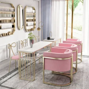 Nordic Light Luxury Iron Nail Salon Table with Marble Top and Storage Commercial Use Double layer Nail Table Chair Set