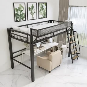 Nordic Loft Iron Frame Bunk Bed Upper Level Duplex Two Story Design Space Saving Desk Storage Dorm Apartment High Low Bed
