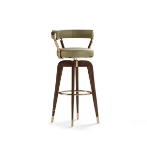Nordic Luxury Modern Solid Wood Frame Leather Upholstered Bar Chair for Bar Coffee Round Shape Swivel Bar Stool