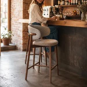 Nordic Mid century Modern Solid Wood Frame Upholstered Fabric Counter Height Kitchen Island Bar Stool