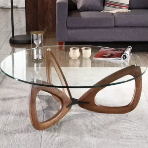 Nordic Minimalist Round Solid Wood Coffee Table Tempered Glass Top for Living Room Small Apartment Home Furniture Model CJ108