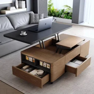 Nordic Modern Durable Multi Functional Dual Use Dining Coffee Table One Piece Folding Telescopic Adjustable Height Storage for