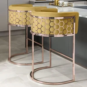 Nordic Modern Multicolor Metal Upholstered Velvet Fabric Bar Stool Honeycomb Backrest Home Bar Restaurant Use Commercial Grade