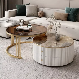 Nordic Modern Sintered Stone Coffee Table Set Telescopic Storage Round for Small Household Living Room Furniture