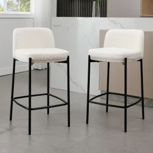 Nordic Modern Upholstered White Sherpa Counter Bar Stools with Curved Back Black Metal Frame