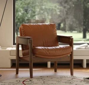 Nordic Oil Wax Leather Single Sofa Chair Retro Style Household Small Apartment Living Room Designer Solid Wood Leisure Chair