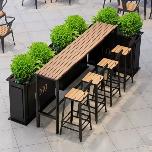 Nordic Outdoor Plastic Wood Bar Table and Chair Cafe Courtyard Balcony Against the Wall Long High Table and Chair