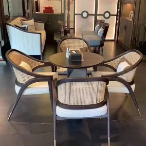 Nordic Rattan Wooden Cafe Loft Chairs and Table Set Soft Eco Friendly Commercial Kitchen Dining Furniture