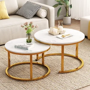 Nordic Round Marble Texture End Side Center Table Set with Gold Metal Glass Modern Luxury Nesting Coffee Table
