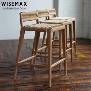 Nordic Simple Style Bar Furniture Handcrafted Rope Woven Solid Wood Frame High Stool Bar Chair for Villa Home