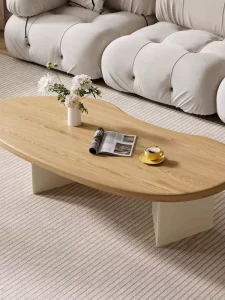 Nordic Solid Pine Coffee Table Wabi Sabi Style Irregular Oval Shape Vintage Inspired Mid Century Living Room Guesthouse Creamy